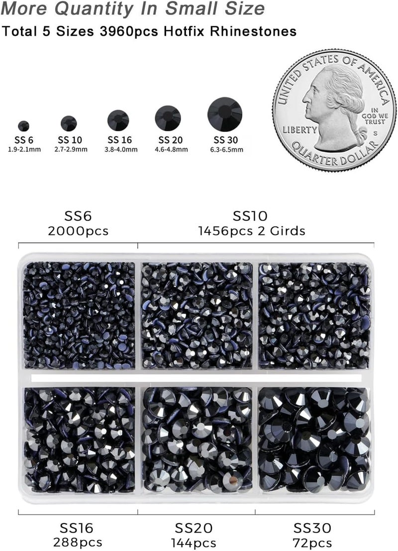 BEADSLAND Hotfix Rhinestones 3960pcs, Rhinestone for Clothes, Hot Fix Crystals Rhinestones with Tweezers and Wax Pencil Kit,Mixed 5 Sizes, SS6-SS30, Jet Hematite - Image 4